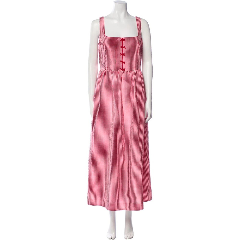 Red Gingham Midi Dress with Square Neck